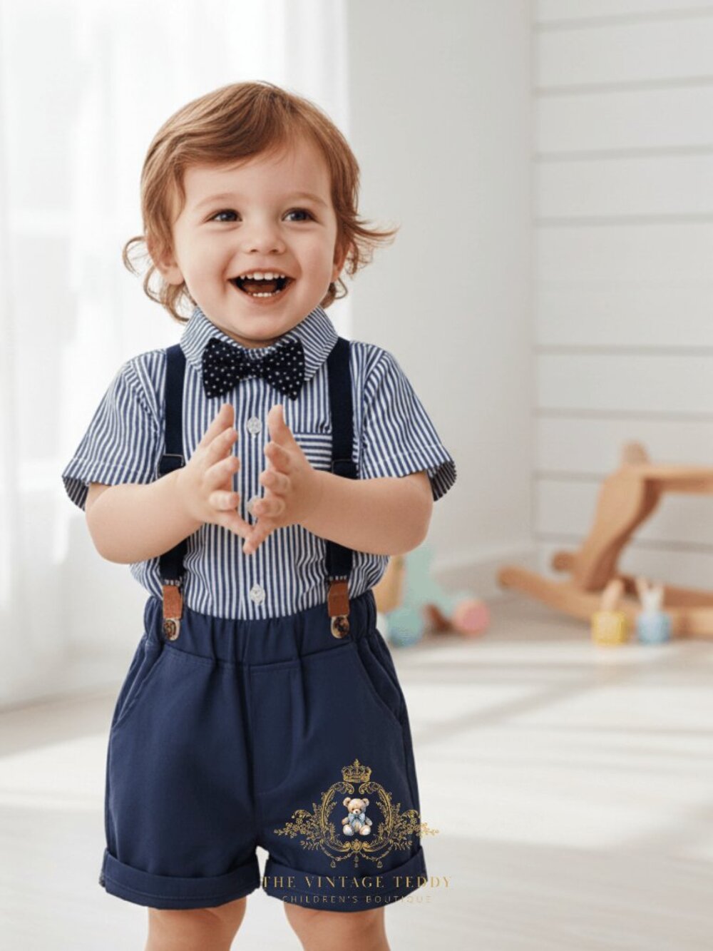 NWT Handsome Boys Oxford Button Down Shirt Shorts & Bow Tie Kids Matching Set 2T
